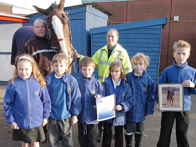 Pupils at Lake View Primary School at Rainworth had a very special visitor in 2006 when police horse Lionheart arrived from police headquarters at Sherwood Lodge with groom Vanya Heath and PC Trevor Ward.
The school adopted Lionheart as part of a police liaison project and pictured with him are pupils, from left, Rachel Faulks, Jack Matkin, Adam Timms, Zoe Bithell, Emily Holford and Chris Allen.