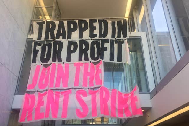 Students unfurled this banner after occupying the University of Sheffield's Arts Tower (pic: @rentstrikeUoS)