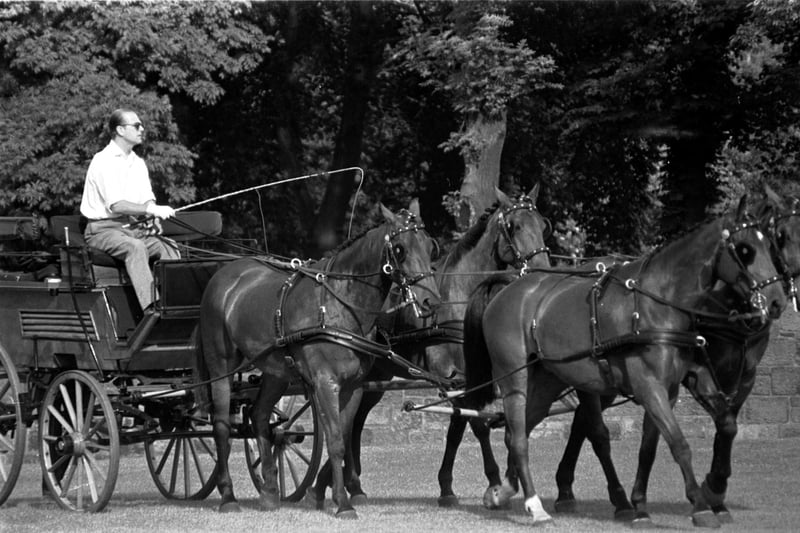 Prince Philip Duke of Edinburgh takes a  carriage drive through Holyrood Park when the Royal Family visits Edinburgh in June 1976.