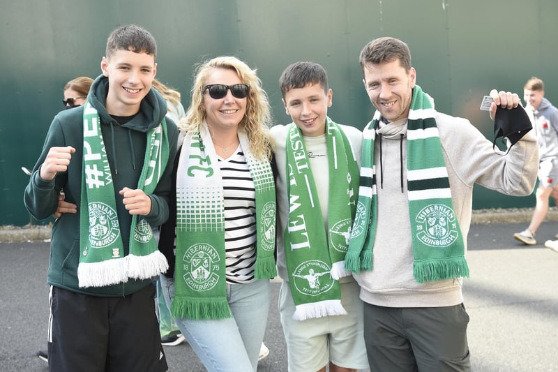Hibs fans arrive for the first game with an unrestricted crowd since the pandemic - Stacey and Paul Heggie with Jack (14) and Lenny (13)