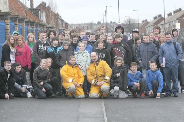 Hartlepool's wonderful RNLI volunteer crew took part in a charity walk in this 2011 scene. Pictured are crew members Clare Gibbin and Steve Pounder with St Hilds pupils.