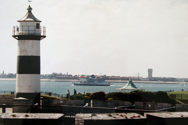 Southsea Castle view - over the top of the bandstand and past the IOW car ferry to Gosport. Taken in June 1998.