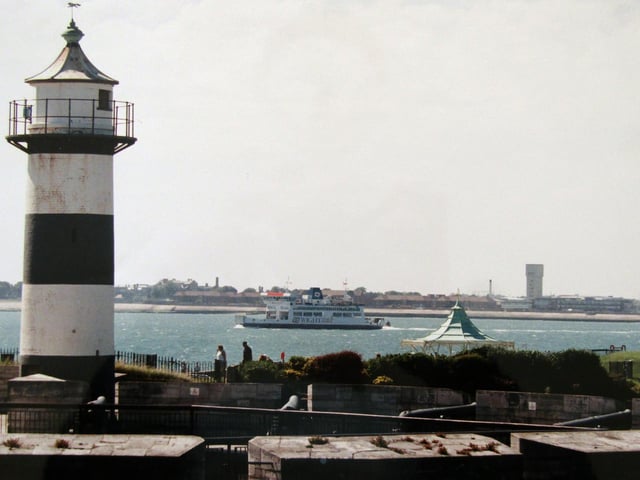 Southsea Castle view - over the top of the bandstand and past the IOW car ferry to Gosport. Taken in June 1998.
