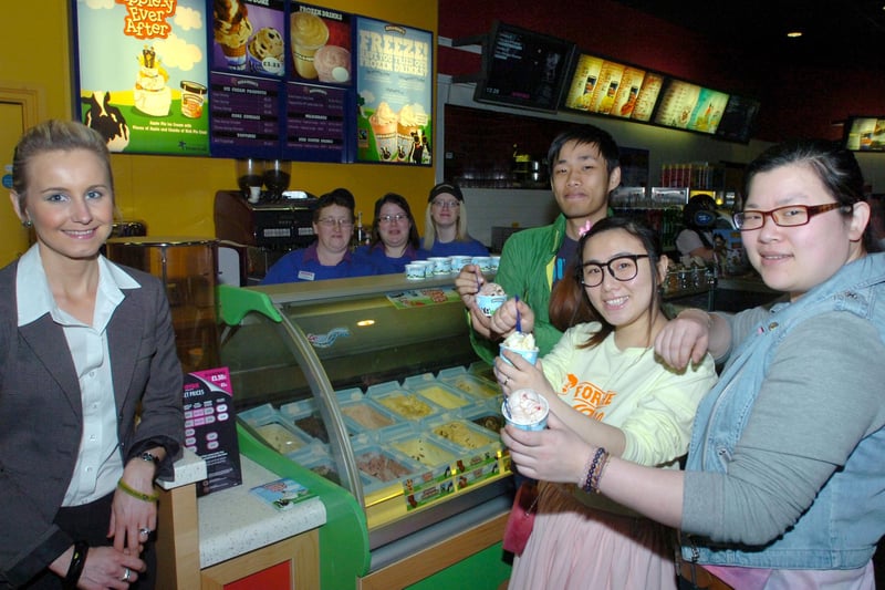 Free ice cream in return for donations for Age UK. That was the offer at the Empire Cinema in 2012. Pictured l-r are Carly King of Age UK, staff Denise Allen, Marie Parnaby and Lou Richardson and cinema goers Xin Luo, Xiaoning Kang nad Junming Zhang.