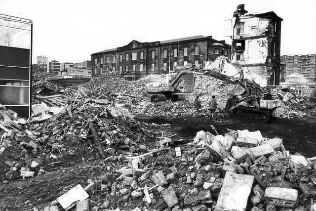 Demolition of Sheffield Royal Infirmary, January 26, 1985. The hospital was built by public subscription and opened in 1797, serving the Sheffield public until it closed in 1980