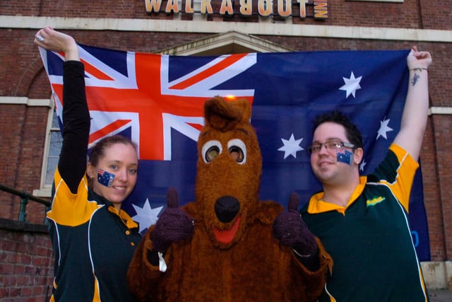 Skippy was joined by staff members Casey Asham and Nathan Francis outside the Walkabout bar on Carver Street, to celebrate Australia Day