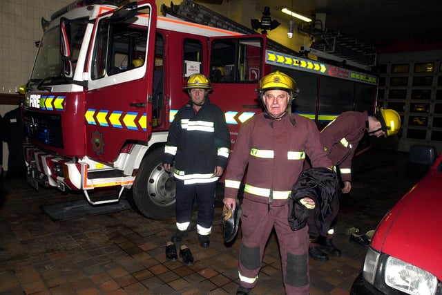 Firefighters at Edlington Fire Station arrive back from a shout in 2002. They were called out minutes before the 48 hour strike started and arrived back after the commencement of the strike.