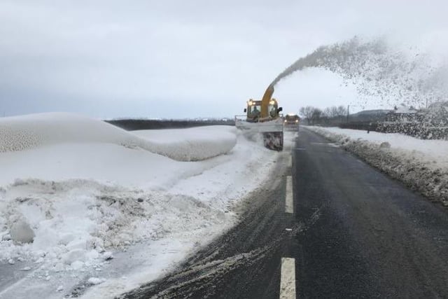 A snow plough and blower clearing the A1 in Northumberland in 2018.