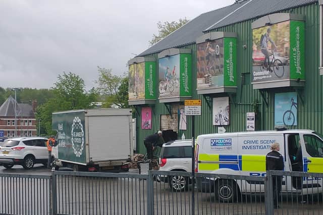 Police were called out to the ram raid at JE James Cycles at the junction of Bramall Lane, Alderson Road and Asline Road in Highfield at around 10.05pm on Tuesday, May 10, 2022. Picture: Robert Cumber