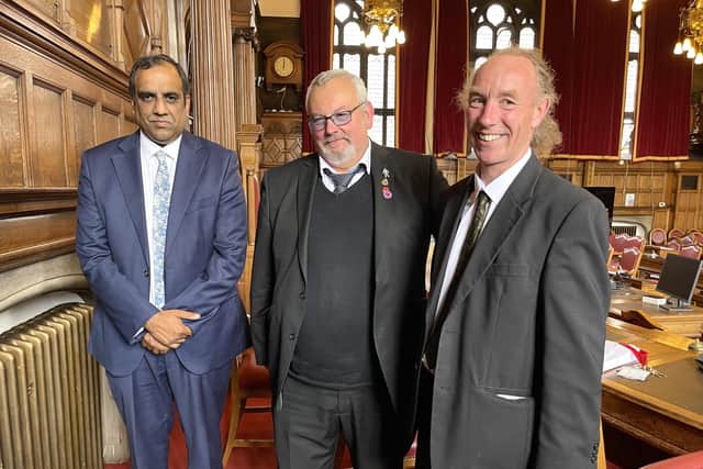 Political party leaders councillors Shaffaq Mohammed (Liberal Democrats), Terry Fox (Labour) and Douglas Johnson (Green Party) in Sheffield Town Hall.