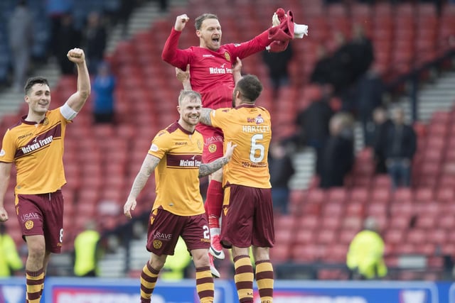 Trevor Carson, Motherwell's goalkeeper, celebrates with team-mate Peter Hartley after their victorious Betfred Cup semi-final at Hampden Park in Glasgow on October 22, 2017. (Photo by Steve Welsh/Getty Images)