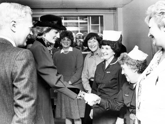 Diana, Princess of Wales, chats to hospital staff at Jessop Hospital.April 8, 1986