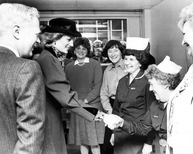 Diana, Princess of Wales, chats to hospital staff at Jessop Hospital.April 8, 1986