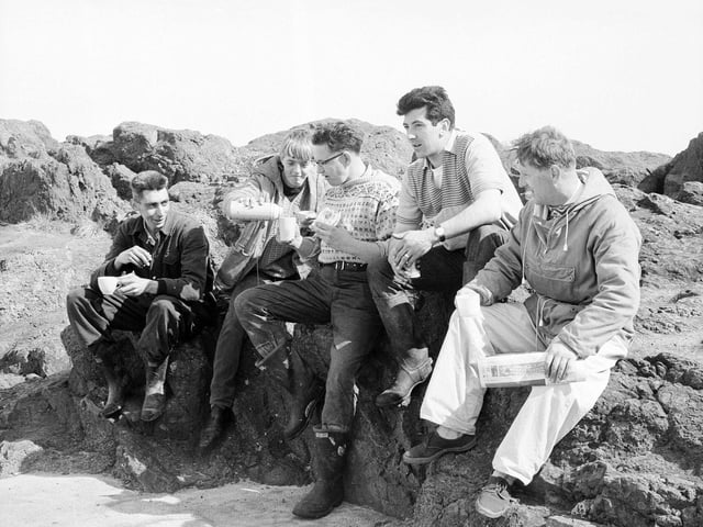 A group of young men enjoy a day out in North Berwick in September 1964.