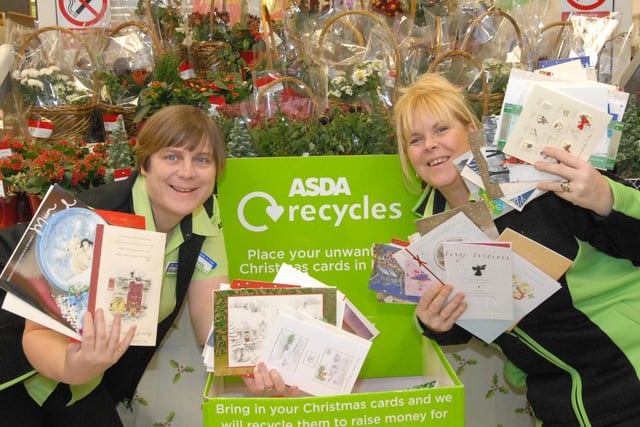 Mavis Maughan and Tracey Tough from Asda were recycling Christmas cards in this 2008 scene from South Shields.