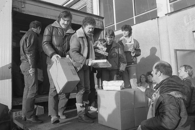 With no money coming in, families often had to rely on food parcels from supporters including those overseas. Food from France arrived at at Murton Colliery Welfare in December 1984.