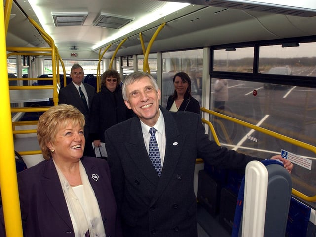 Then Robin Hood Airport Managing Director, David Ryall, and then Wilfrida Beehive Managing Director, Sue Scholey, are pictured aboard one of Wifrida's 'Airport Arrow' shuttle buses.