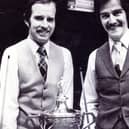 World Professional Snooker Championship at the Crucible Theatre, Sheffield. 1977 winner John Spencer (left) and Cliff Thorburn -  April 1977.