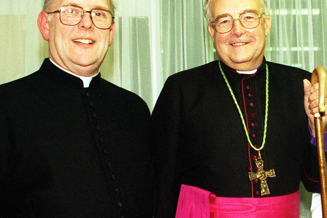 Pictured at the Parish Church of S Edwin at Dunscroft in 1998 during the induction of the new vicar the Reverend Alan Watson left pictured with the Bishop of Sheffield The Right Reverend Jack Nicholls after the induction carried out by the Archdeacon of Doncaster The Venerable Bernard Holdridge.