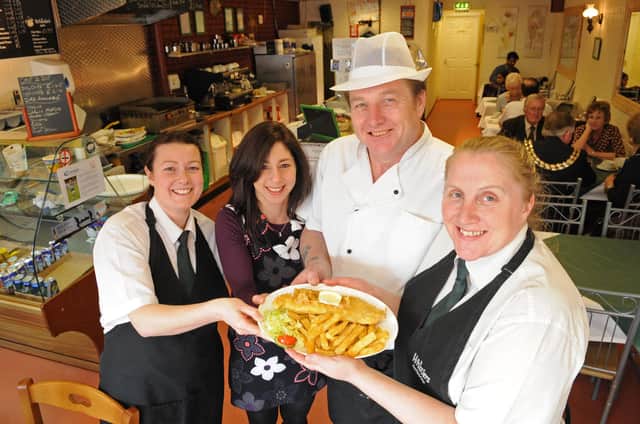 2011. Whistlers Fish and Chip shop in West Fareham. (left to right) Lindsey Arnott (30), Rana Hammami (37), Bill Bishop (49) and Sandra Bishop (42). Picture: Malcolm Wells 110911-5644