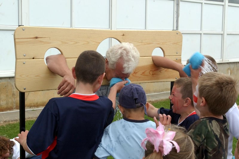 The chairman of the City Hospitals Sunderland NHS Trust got a soaking in the stocks on the first day of the sports day at Southmoor School in 2003.