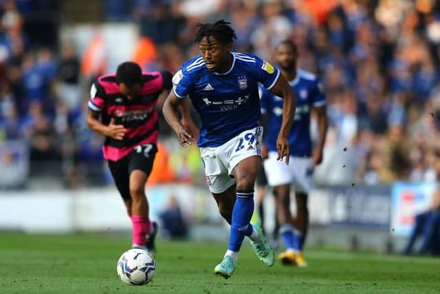 IPSWICH, ENGLAND - OCTOBER 09: Kyle Edwards of Ipswich Town advances down field during the Sky Bet League One match between Ipswich Town and Shrewsbury Town at Portman Road on October 09, 2021 in Ipswich, England. (Photo by Ashley Allen/Getty Images)