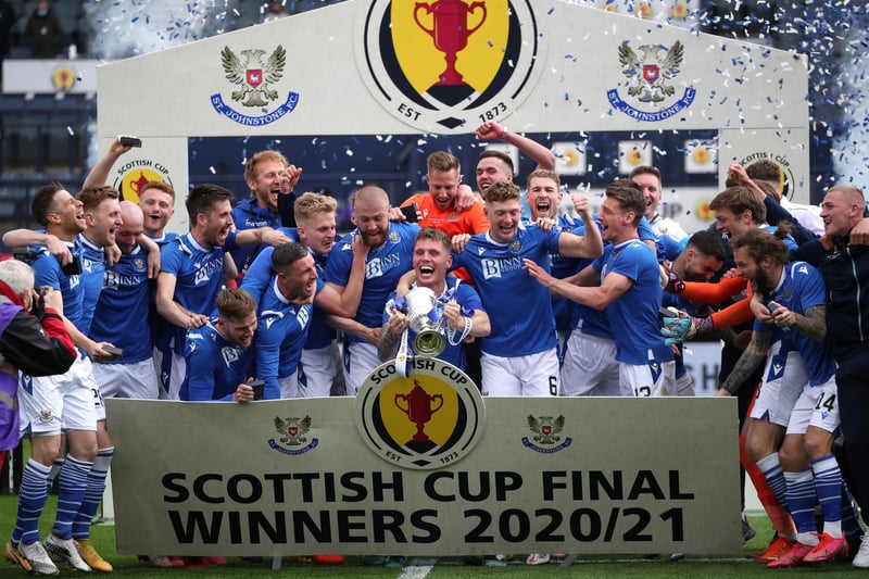 St Johnstone's Jason Kerr lifts the trophy after the final whistle during the Scottish Cup final match at Hampden Park, Glasgow.