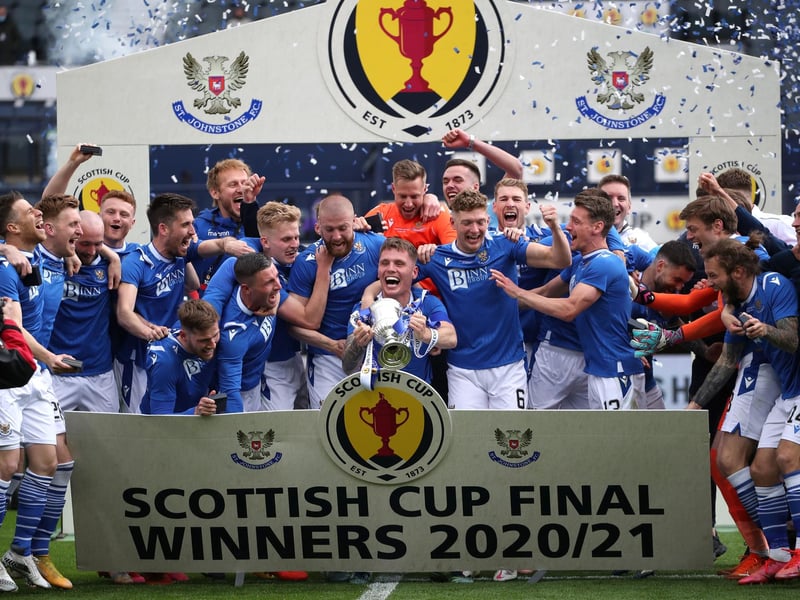 St Johnstone's Jason Kerr lifts the trophy after the final whistle during the Scottish Cup final match at Hampden Park, Glasgow.