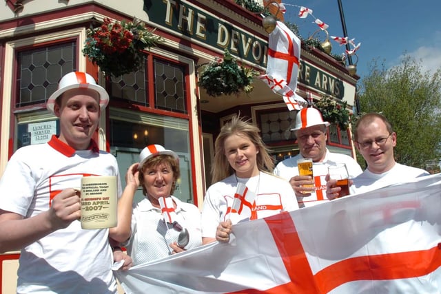 Pictured at the Devonshire Arms,  Ecclesall Road, Sheffield, where landlord and regulars were getting ready to celebrate St George's Day. Seen left to right are landlord James Brown, Lynn Green, Katie Birch, Terry Schofield and Adrian Crutcher.