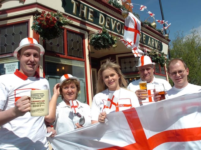 Pictured at the Devonshire Arms,  Ecclesall Road, Sheffield, where landlord and regulars were getting ready to celebrate St George's Day. Seen left to right are landlord James Brown, Lynn Green, Katie Birch, Terry Schofield and Adrian Crutcher.