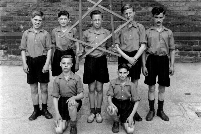 Boys sword dancing at Wadsley Bridge Council School, Penistone Road North, Sheffield in 1947. Ref no: y00318
