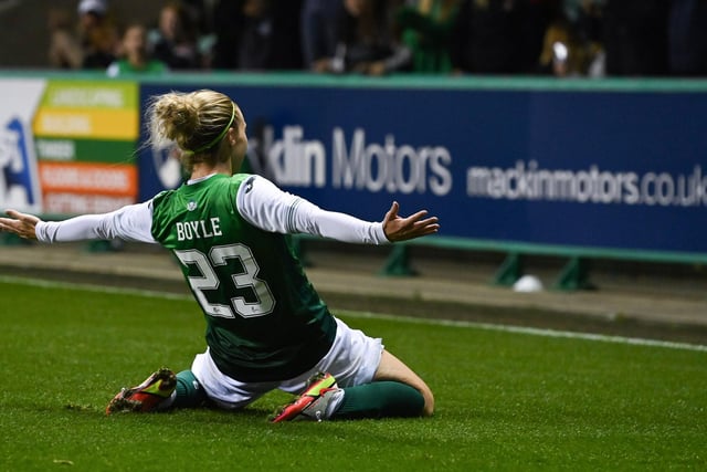 Scotland international and Hibs Women midfielder Rachael Boyle knee slides in front of the Easter Road crowd.