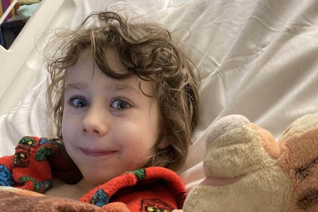 Sam Guihen was rushed to Sheffield Children's Hospital after he started being sick, and had life-saving surgery within hours of arriving.