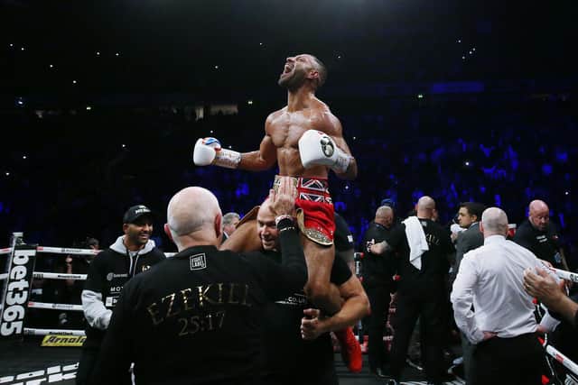 Kell Brook celebrates victory over Amir Khan in February (photo by Nigel Roddis/Getty Images).a