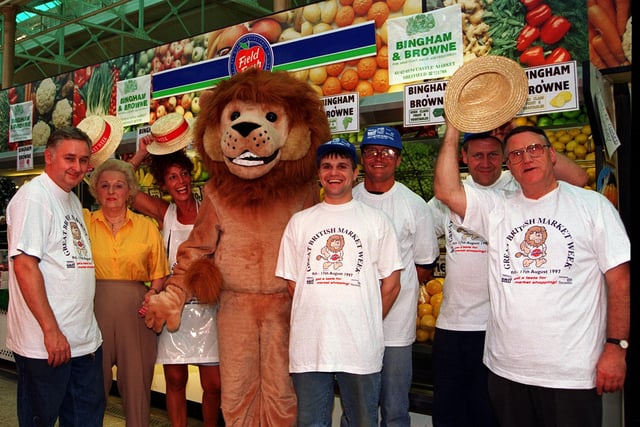 George Bingham (right) and his staff at the Castle Market in costume for Great British Market Week in 1997