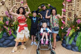 Sheffield youngster Lillia Sheppard was too ill to go to Disneyland - so Disney brought it to her. LIllia is pictured at the event at the Hoar Cross Hall Spa Hotel, with Moana, one of the Disney, characters, and her family. Picture: Rich Hanson/Still Moving for Disney