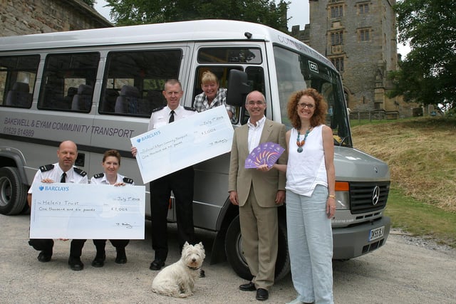 Haddon Hall, presentation of sponsored walk proceeds, Lord Edward Manners and terrier Daisy help PCs David Rowbotham, Sandra Wetton and Kevin Lowe handed over cheques to Lynn Jackson of Bakewell and Eyam community Transport and Dr Louise Jordan of Helen's Trust back in 2006