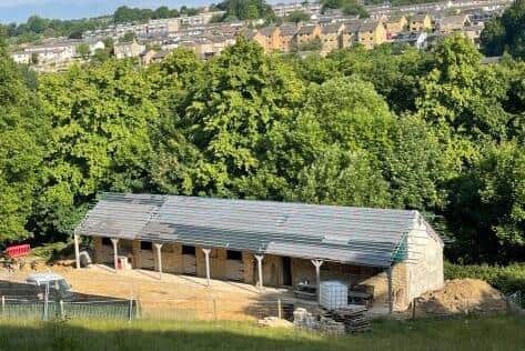 Stables for rescue donkeys on green belt land in the Rivelin Valley, Sheffield. The owner of the site, Mick Hill, says he is planning to appeal against Sheffield City Council's refusal of planning permission to run a dog exercise park in an adjoining area