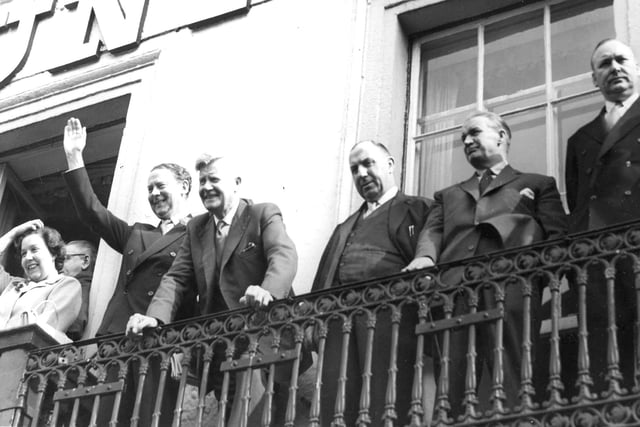Hugh Gaitskell and other Gala guests and speakers on the balcony of the County Hotel in 1958.