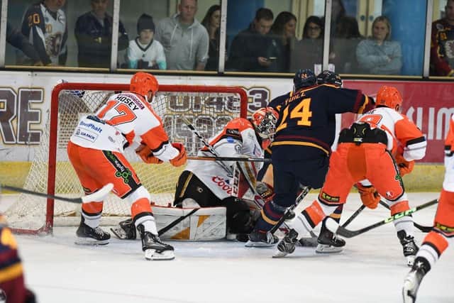 A hectic moment from the Guildford Flames against Sheffield Steelers game last month