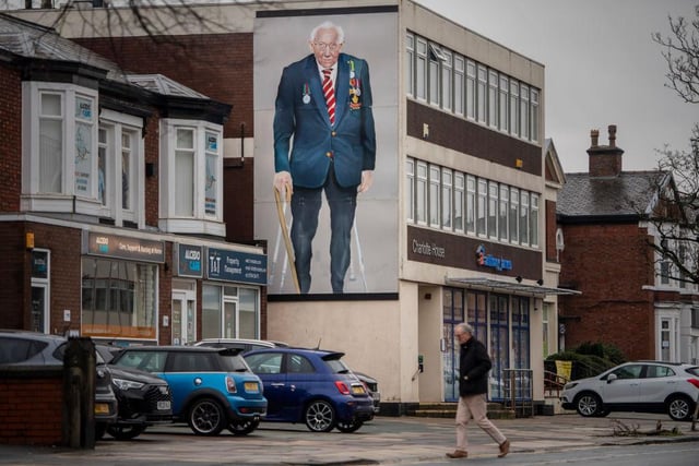 A mural of the national hero, who was promoted to the rank of Colonel for his fundraising efforts. He raised in excess of £29m for the NHS by walking laps of his garden. (Photo by Anthony Devlin/Getty Images)