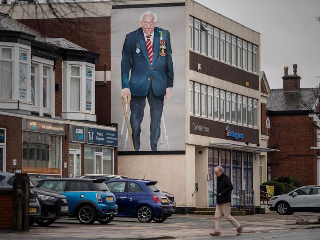 A mural of the national hero, who was promoted to the rank of Colonel for his fundraising efforts. He raised in excess of £29m for the NHS by walking laps of his garden. (Photo by Anthony Devlin/Getty Images)