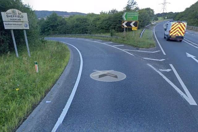 A Google Maps image of the A616 Stocksbridge Bypass and slip road to Deepcar, Sheffield - complaints have been made about litter not being cleared up as no authority has responsibility for the work