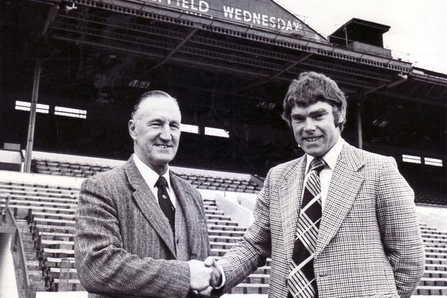 Wednesday manager Len Ashurst, right, welcomes former Blades manager and new scout, John Harris, to the club in August 1977.