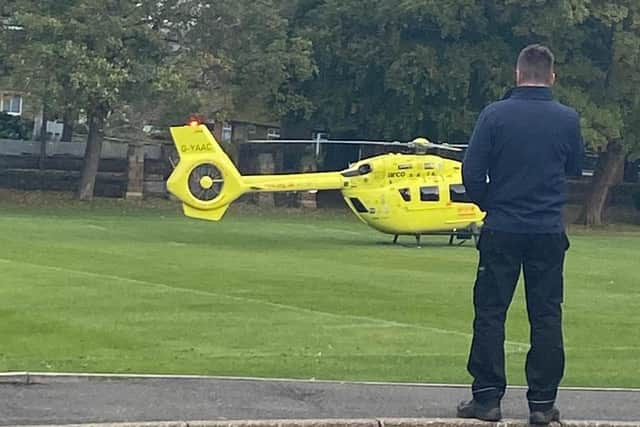 An air ambulance landed in the grounds of Thomas Rotherham College yesterday after a man was transported to neighbouring Thomas Rotherham College after a collision