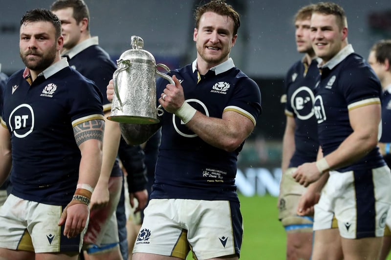 Scotland captain Stuart Hogg poses with the Calcutta Cup following his side's victory in the Guinness Six Nations match between England and Scotland at Twickenham Stadium today. (Photo by David Rogers/Getty Images)