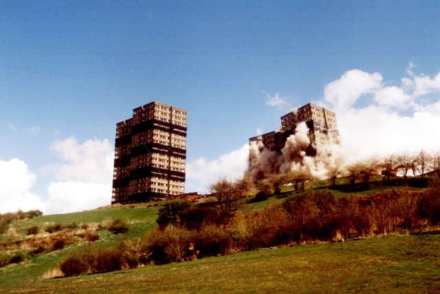 Demolition of Talbot (left) and Cliffe (right) Blocks, Kenninghall Mount, Park Grange Road, Norfolk Park. April 2001