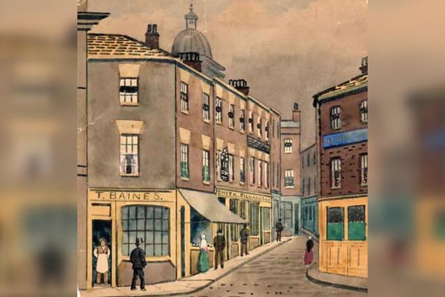 Cambridge Street, Sheffield, looking from Barker's Pool, in around 1900, painted by an unknown member of the Frost or Ramsbottom family, most probably Sarah Louisa Frost of Sheffield (1881 - 1937). The dome of St Paul's Church can be seen over the top of the buildings.