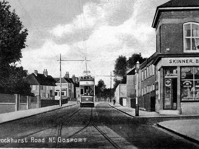 A tram on the single track in Brockhurst Road.
In the early years this road boasted a range of small shops with large Victorian houses in-between. Trams used this route  between Gosport and Fareham until 1930.