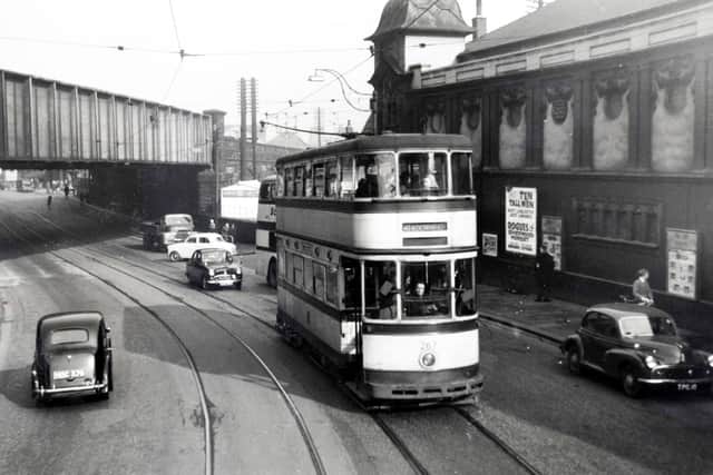 One of the old Sheffield trams, number 267 to Meadowhead, is pictured here at Heeley Bridge